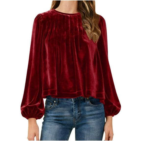 FAIWAD Women's Velvet Tops Puff Long Sleeve Dressy Velour Blouse Pleated Smocked Casual Work Shirts