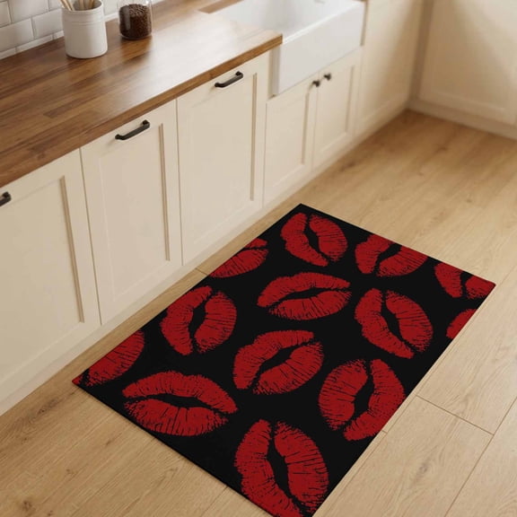 2x3ft Rectangle Rug,Lipprint Kisses Red and Black Washable Area Rugs Non-Slip Accent Rug Valentine's Day Lips Texture Soft Circle Carpet for Living Room Bedroom Home Office Decor
