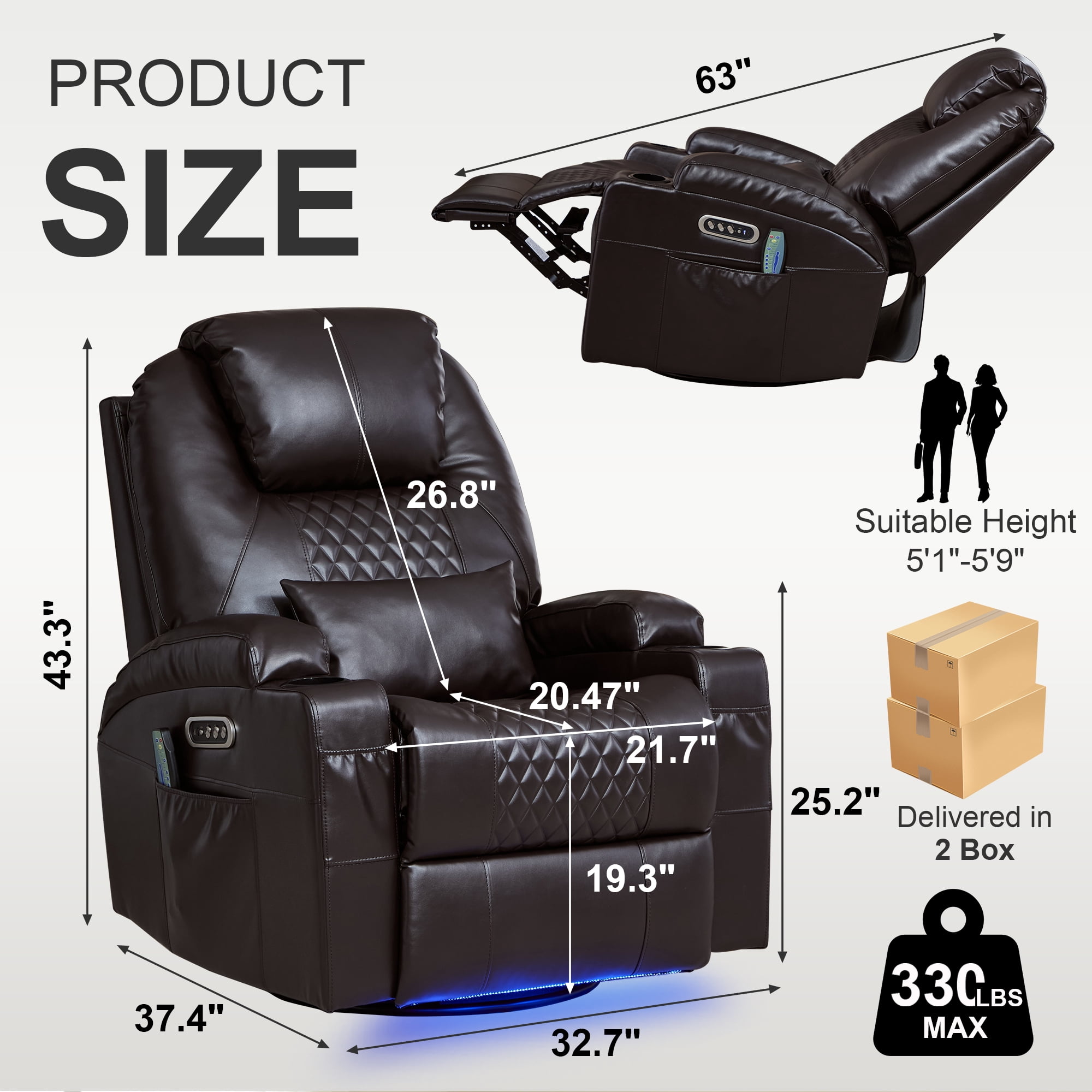 Dual Motor Power Swivel Rocker Recliner Chair for Adults with Heat and Massage, Electric Wall Hugger Rocking Recliner for Nursery Living Room with LED Lights, USB A&C Ports