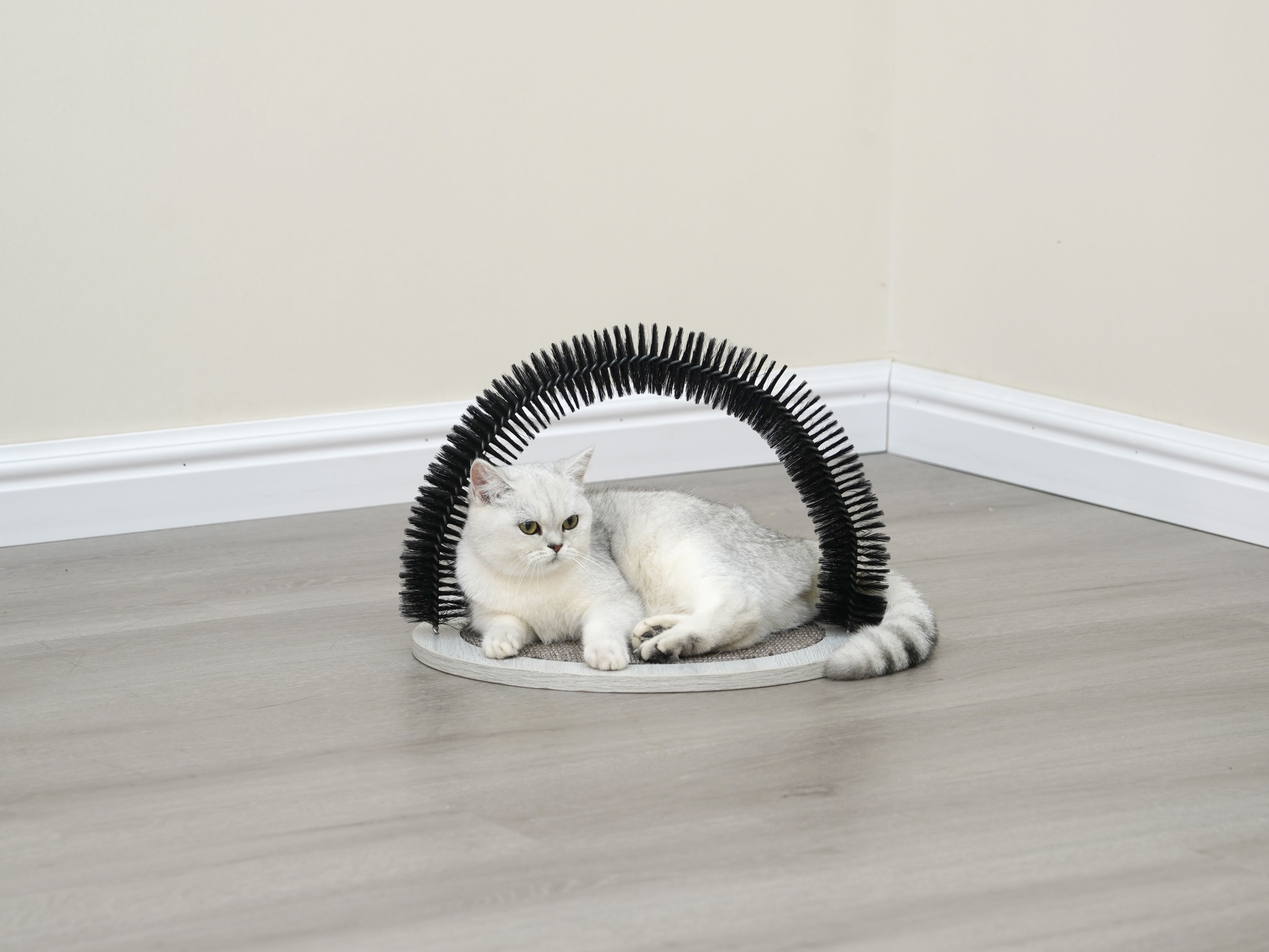 PetPals Nifty Grey Cat Brush, Grooming and cat massager with Scratching Pad, Size 14.5" x 14.5" x 14"
