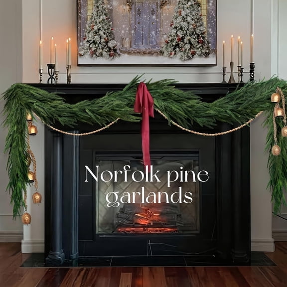 Guvpev 2Pcs Artificial Norfolk Pine Garlands for Mantel, 6FT Realistic Winter Pine Garland, Flexible Greenery Garland for Home, Holiday, Table, Wall, Windows, Indoor & Outdoor Christmas Decorations