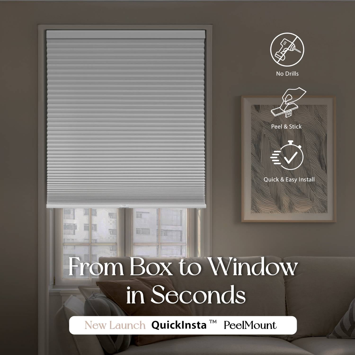 REGAL estate QuickInsta PeelMount No Drill No Tool Cordless 1.5" Blackout Cellular Shades, 38.5"W x 72"H, White