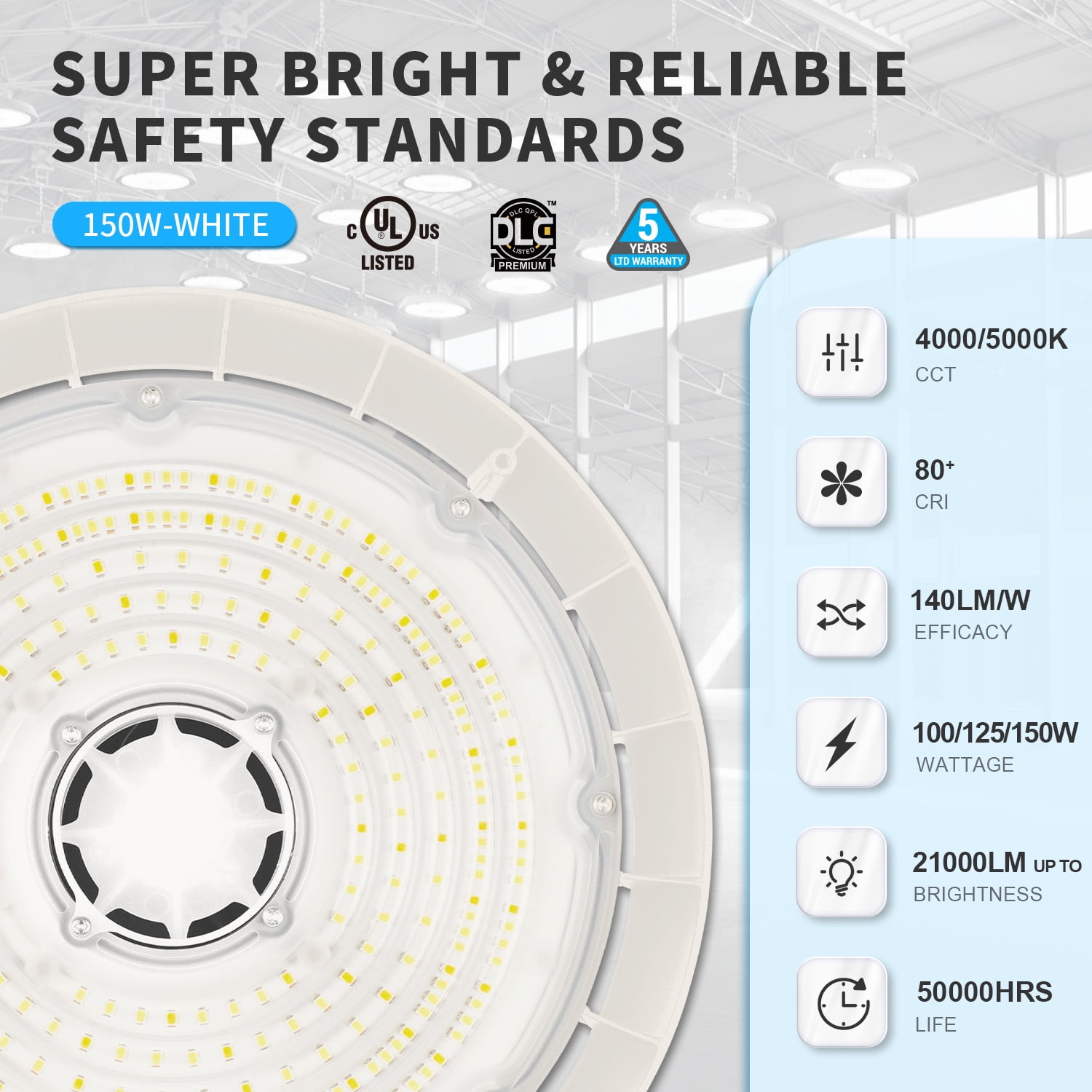 8 Pack UFO LED High Bay Light, 100/120/150W, 14000/17500/21000LM, 2CCT 4000K/5000K, 0-10V Dimmable High Bay LED Shop Lights for Gym Factory Warehouse, Hook, 6' Cable, UL & DLC Listed