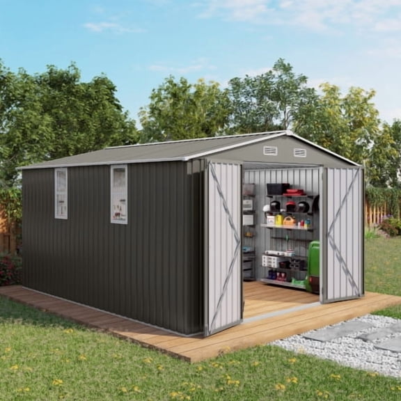 10x12 FT Outdoor Metal Storage Shed with Double Doors & Two Windows, Large Waterproof Garden Shed for Lawn Mowers, Bike, Pool Equipment, Patio Furniture, Trash Bins, Backyard, Grey