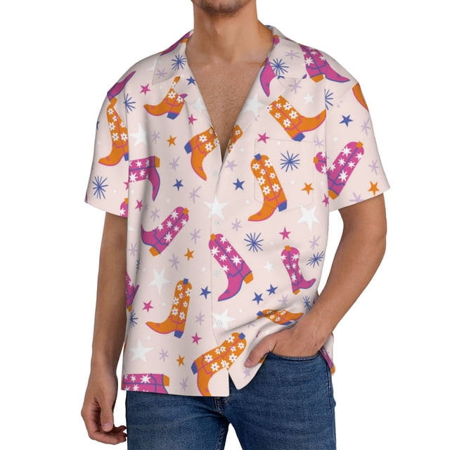 Balery Cowgirl Boots Camisa Casual de Manga Corta con Botones para Hombre, Texturizada, Estilo Cubano, para Playa, Verano-Medium