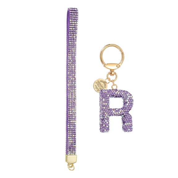 Initial Letter Keychain for Women, Rhinestone Alphabet R Key Chain Sparkly Keychain Charm with Heart for Backpack Handbag Car Key Accessories Lanyard, Purple