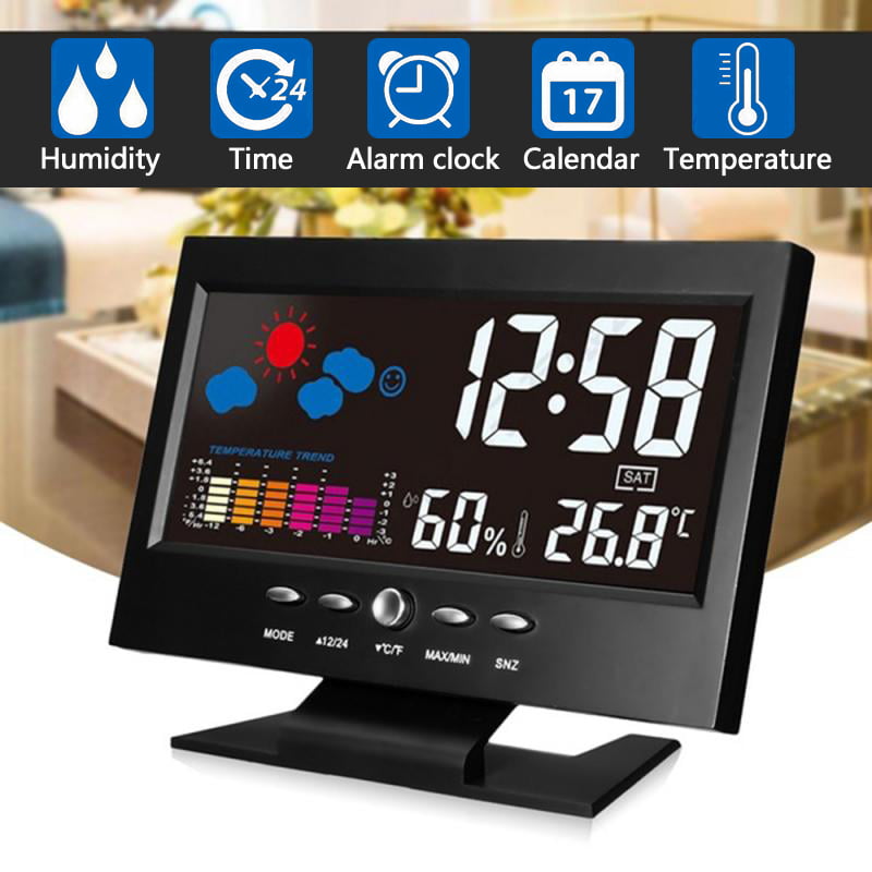 Digital Thermometer humidity Clock LCD Alarm Calendar Weather Voice Control 