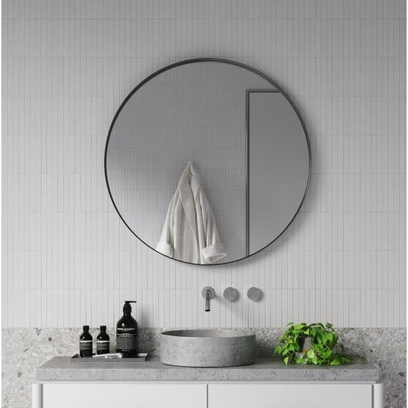 Zeek 31.5" Black Metal Round Wall Mirror, Thin Edge Frame, Deep Set Mirror MB3200