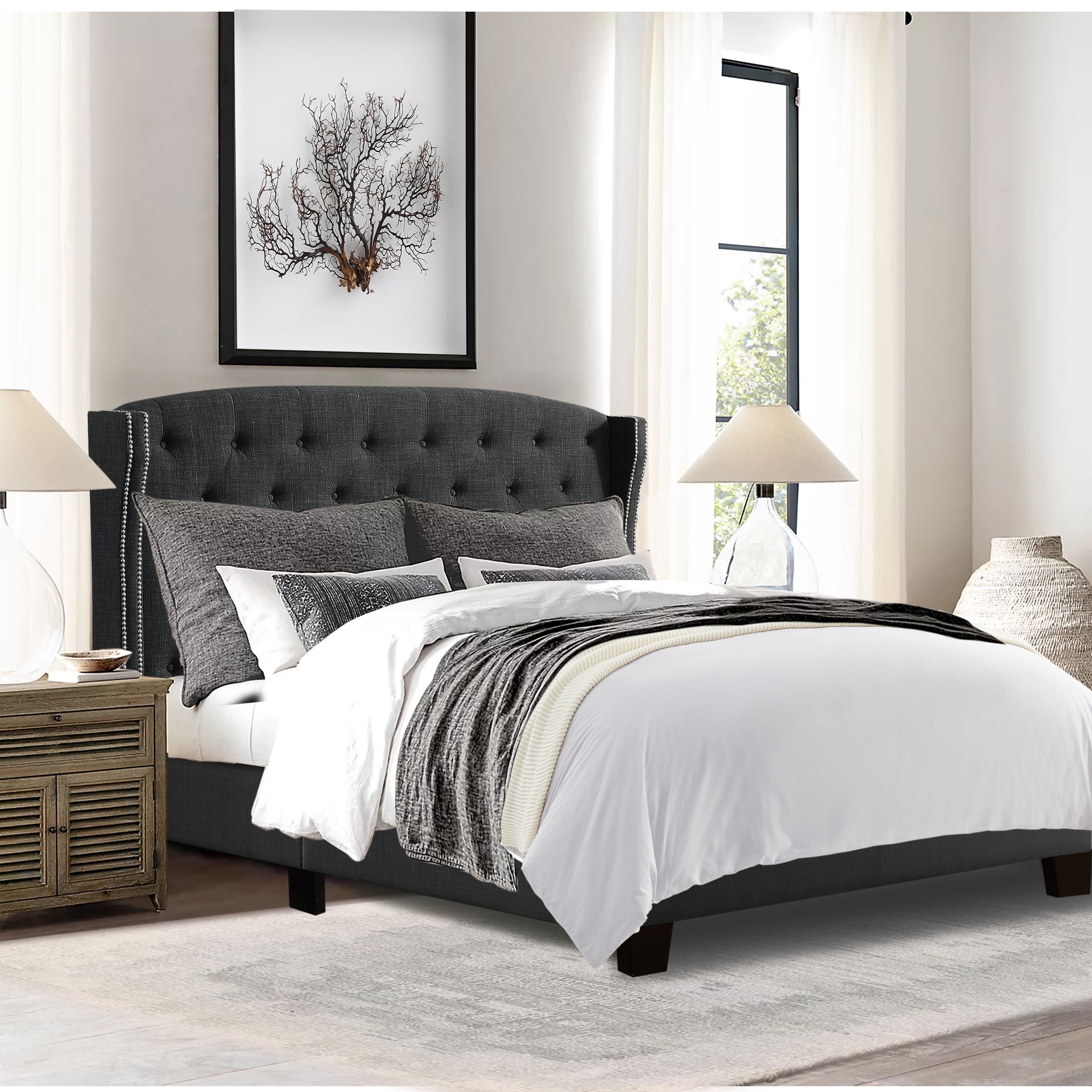 Gewnee Full Size Upholstered Platform Bed Frame with Adjustable Wingback Headboard,Button Tufted and Nailhead Trim,Box Spring Required.Dark Grey