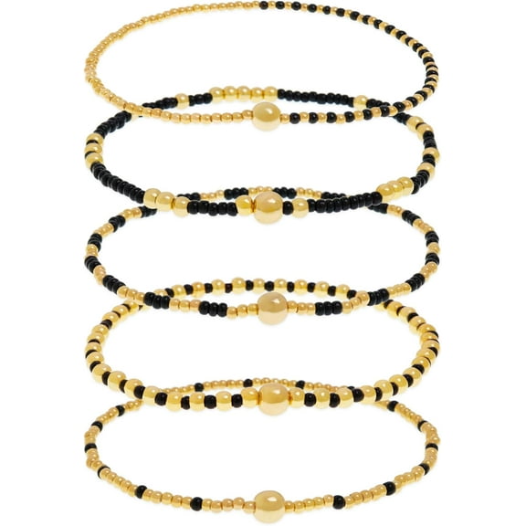 Gold Beaded Stack Bracelets Set For Women, 5Pcs Boho Handmade Small Beads Stackable Stretch Layered Outfit Accessories Jewelry Gift.
