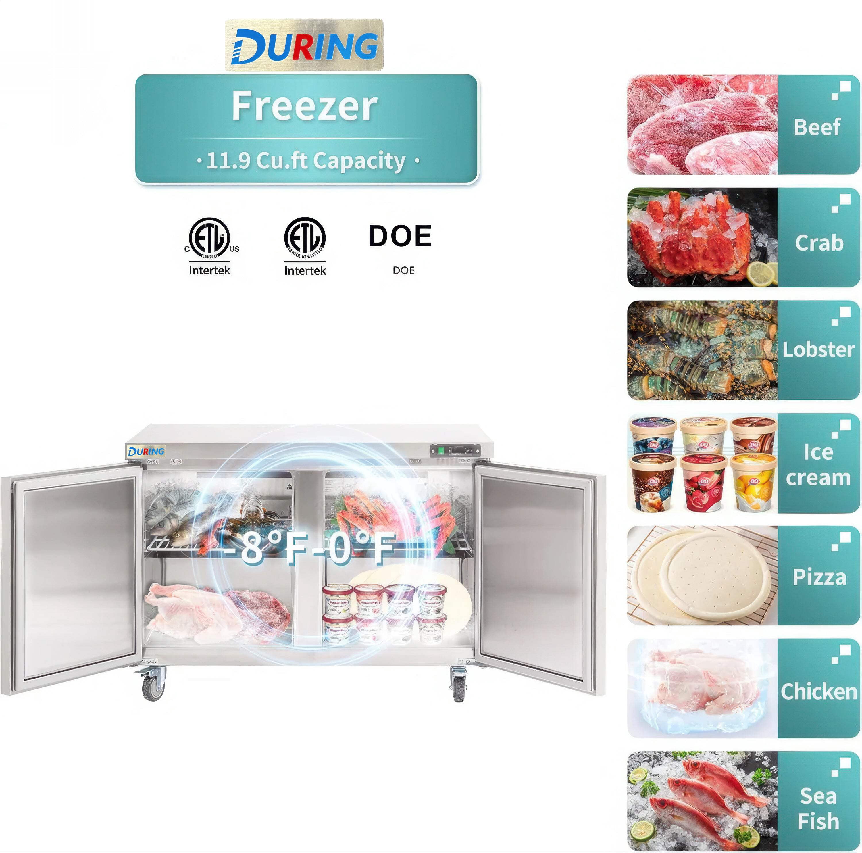 DURING D-KTF-48B 48" Double Door Stainless Steel Undercounter Freezer, 12 Cu.ft,