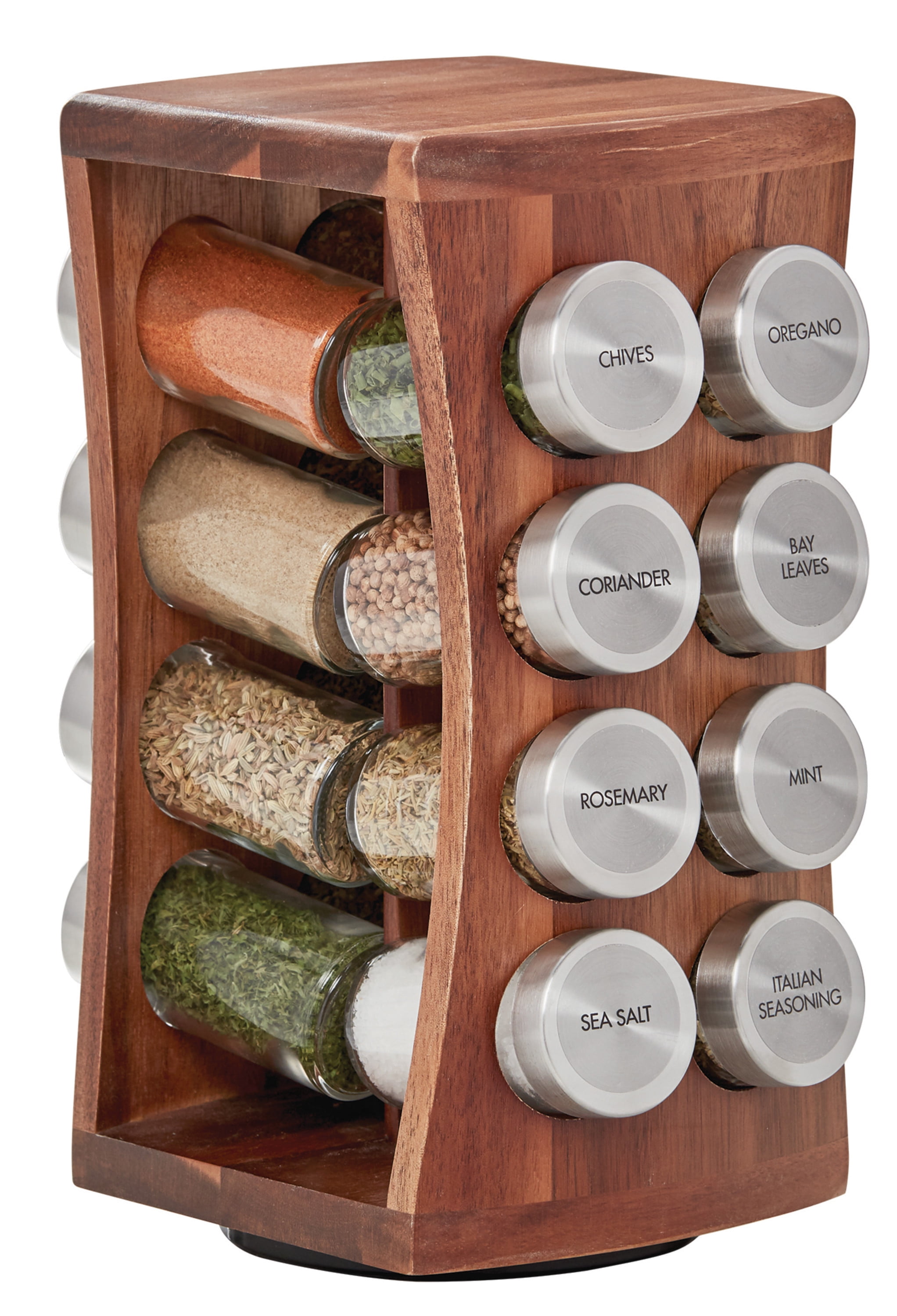 Free Shipping Kamenstein Acacia Wood Hourglass 16 Jar Revolving Spice Rack with Pre Filled Glass Jars and Free Spice Refills for 5 Years Walmart Walmart