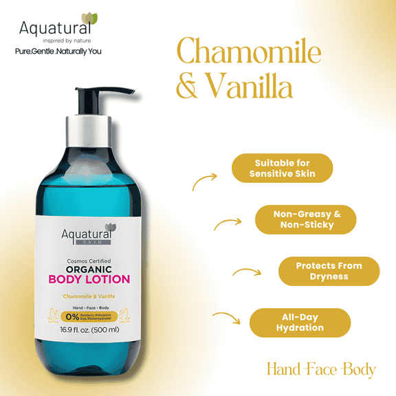 Aquatural Organic Natural Body Lotion, Chamomile and Vanilla, Moisturizing for Dry Skin, 16.9 fl oz