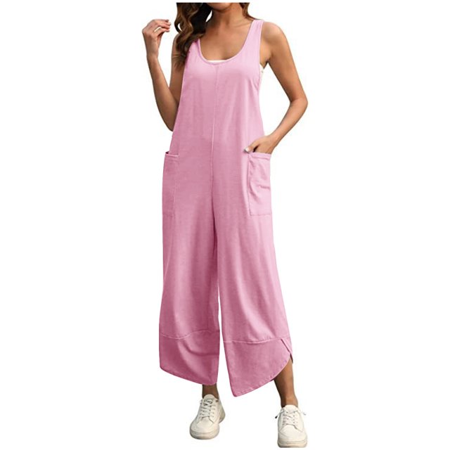 Combinaison en Coton et Lin pour Femmes Liquidation Été Décontracté Confortable Mode Décontracté Solde Pantalon Ample Sans Manches Rose m