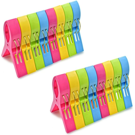 Beach Towel Clips Chair Clips Towel Holder,Plastic Clothes Pegs Hanging Clip Clamps, Yellow,Blue,Green,red (Pack of 16)