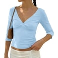 thumbnail image 3 of QASIEATN Womens 3/4 Sleeve Deep V Wrap Neck Ruched Crop Tops Summer Open Back Tshirt Slim Fit Classic Blouse Tee Fall Fashion Outfits, 3 of 9