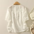 thumbnail image 3 of 2025 Women's Floral Embroidery Linen Shirts 3/4 Sleeve V Neck Babydoll Tops Summer Vintage Causal Blouses Tees, 3 of 6