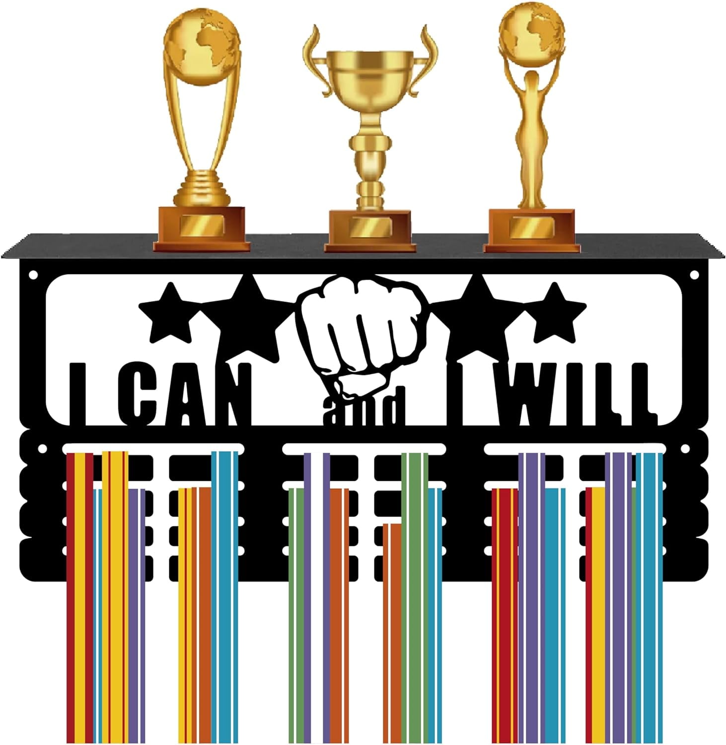Medal Hanger Display with Shelf Stand - Sports 4 Rows Wall Mount Hold 70+ Medals for Gymnastics Soccer Running Swimming Awards Rack 15.7 x 7.9Inch - Winner Never Quit Black DIY