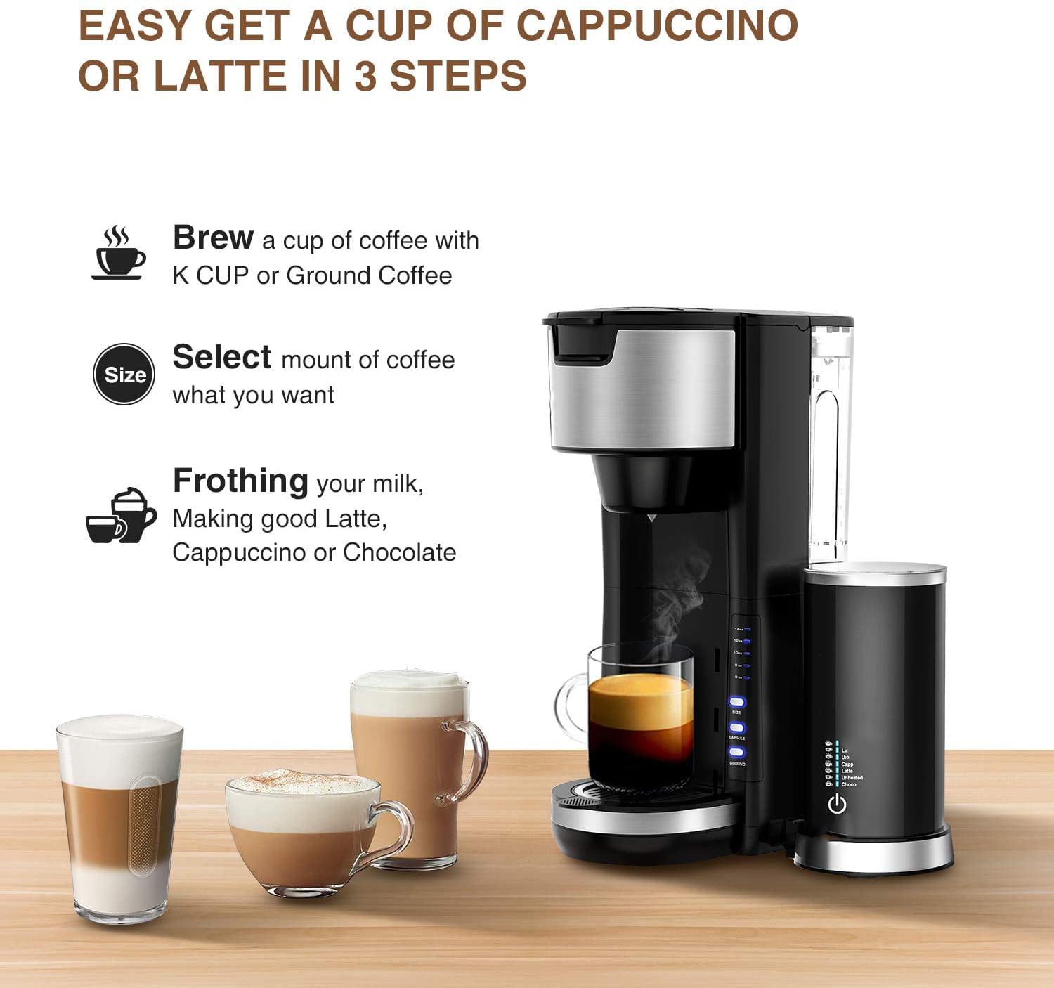 Built in Portable Electric Milk Steamer 2-In-1 Coffee Machine For K Cup Pod & Coffee Ground Latte and Cappuccino Maker Singles Serve Coffee Makers With Milk Frother