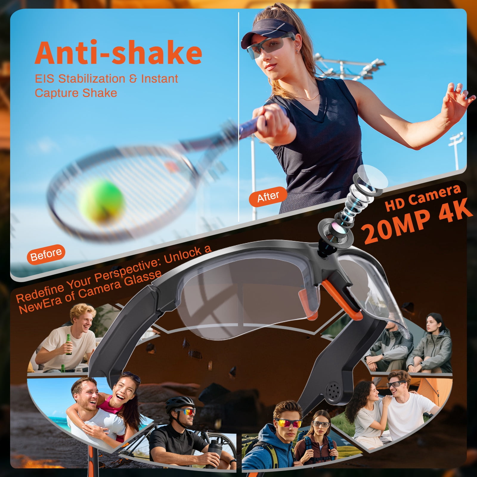 AI Smart Sports Sunglasses with 20MP Camera, Open-Ear Audio, Real-Time Translation, EIS Stabilization, Photochromic UV400 Lenses for Cycling, Hiking & Outdoor Activities, Black