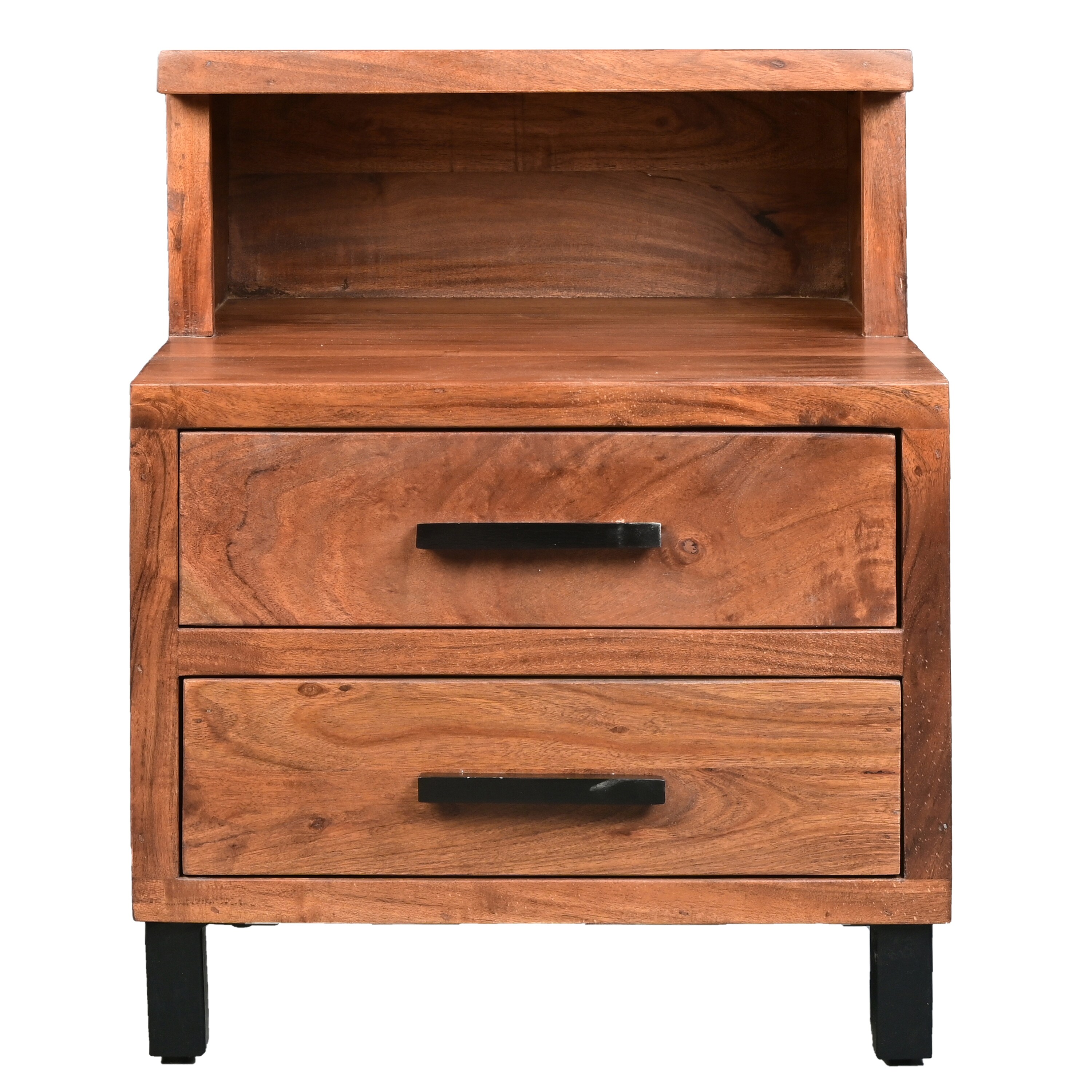 22 Inch Acacia Wood Nightstand, Bedside Table with 2 Drawers and Open Cubby, Walnut Brown - image 4 of 5