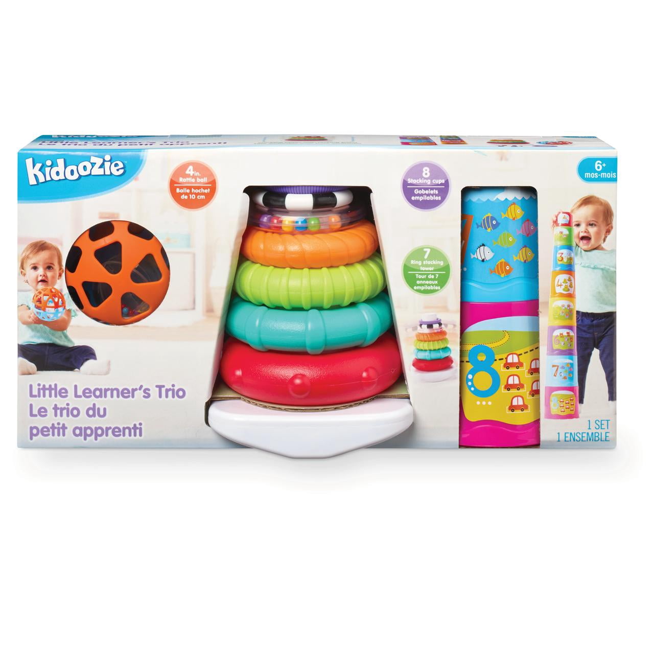 Kidoozie Little Learner's Trio – 3-in-1 Infant Development Toys – Stacking Cups, Rocking Ring Tower & Rattle Ball – Ages 6 Months+