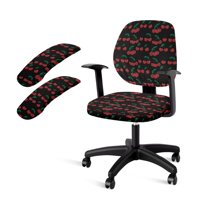 SCRAWLGOD Cherry Black Computer Chair Cover with Arm Protector 4 Pcs Set Easy to Install Boss Chair Covers Anti-Dust Crease Resistant Rotating Chair Slipcover