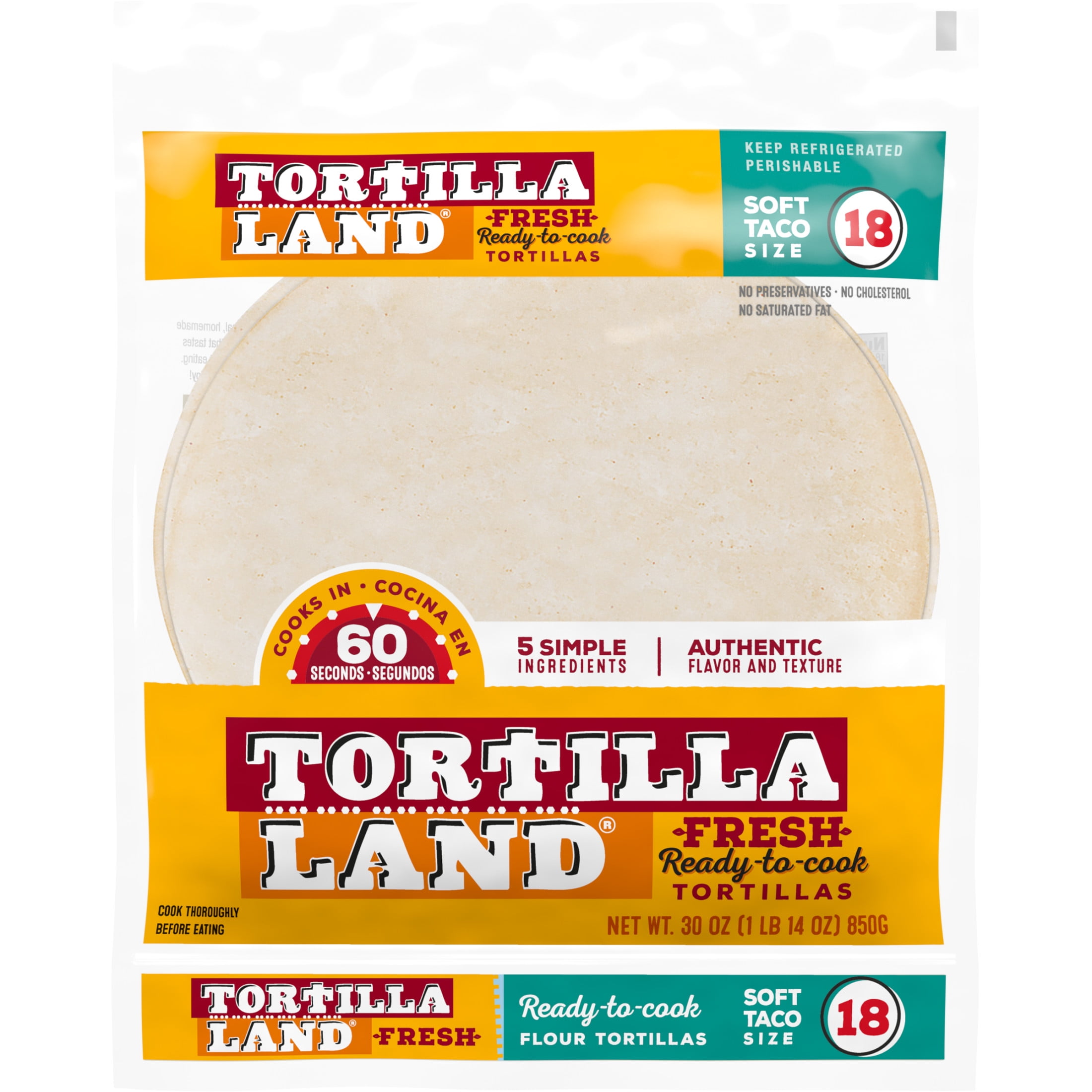 Tortilla Land Ready to Cook Soft Taco Size Flour Tortillas, 30 oz, 18 Count