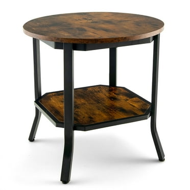Gymax 2-Tier Sofa End Side Table Nightstand Round Tabletop for Living Room Brown