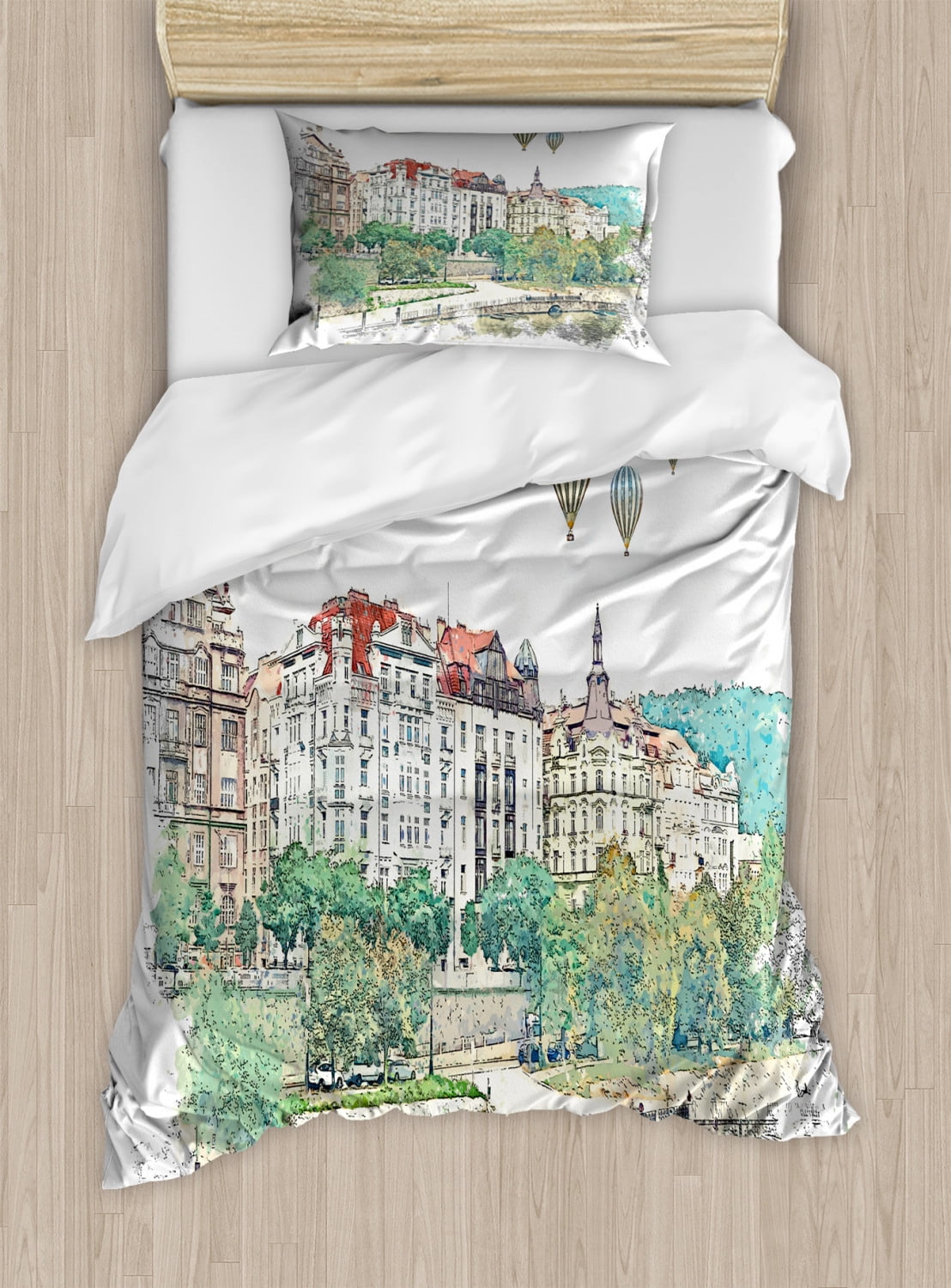Travel Duvet Cover Set Twin Size, Watercolor Sketch of a View in Prague in Czech Republic