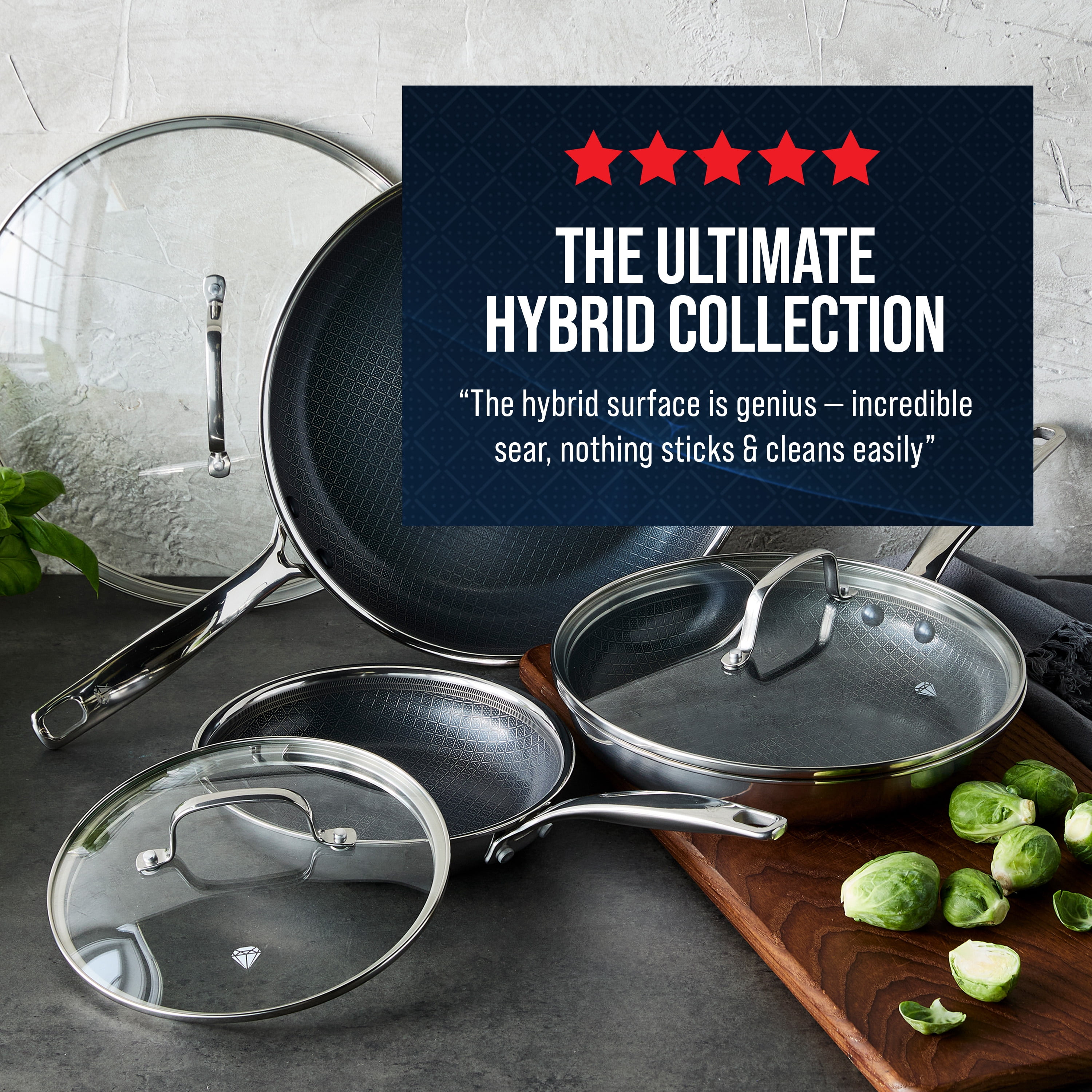 Blue Diamond Diamond Bond 6 Piece Hybrid Nonstick Fry Set with Glass Lids, Stainless Steel