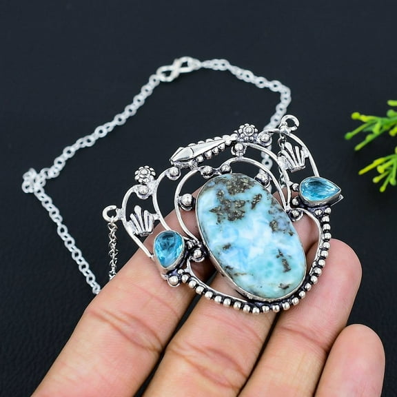 Natural Caribbean Larimar, Topaz Gemstone 925 Sterling Silver Necklace 18"