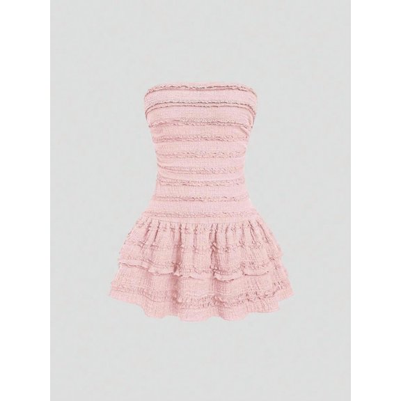 Pink Textured Knit Strapless Mini Dress With Tiered Ruffle Skirt