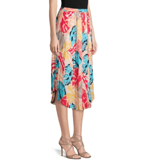 Laundry By Shelli Segal Pleated Midi Skirt In Banana Cream Leaf Print Size XL