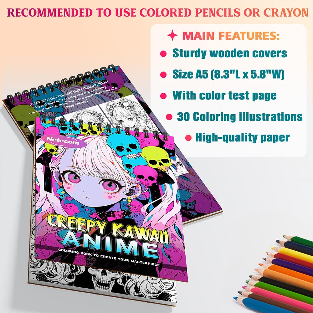 Creepy Kawaii Anime Coloring Book Spiral Bound For Adults, A5 Wooden Cover, 30 Adorable yet Eerie Coloring Pages in Kawaii Horror Style for Stress Relief and Relaxation