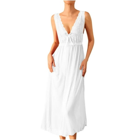 Plus Size Sleepwear Womens Sleepwear Lace Lingerie Chemises V Neck Nightgown Long Sleep Lace Dress Bridal Robes for Bride S-85