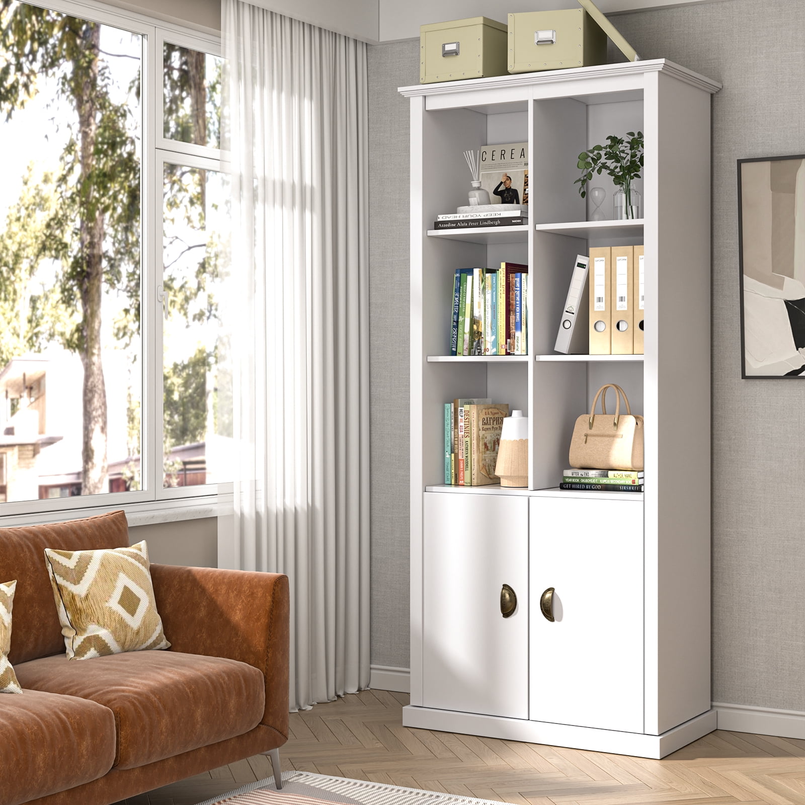 Nathaniel Home, 70'' Versatile Bookcase with Doors, Floor Standing 5-tier Bookshelf, Storage Cabinet for Living Room, Home Office Decor Furniture White