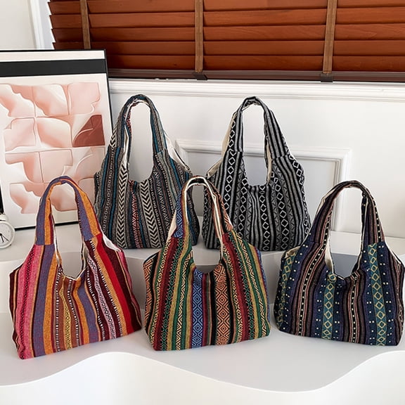 Women's Retro Vertical Fabric Tote Bag, Color Block Western Style Shoulder Purse, Extra Large Capacity Casual Handbag Perfect for Daily Work, Shopping, Travel and Everyday Use, 13*13*4in, Brown