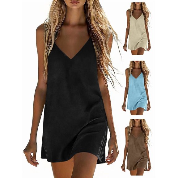Afuyipoi Womens Cotton Linen Mini Dress, Adjustable Spaghetti Strap V-Neck Solid Color Dress, Soft Breathable Loose Casual Summer Beach Dress For Women Black Size L