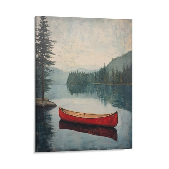 Canvas Painting Prints Vintage Oil Painting Red Canoe on A Lake Canvas Prints Wall Art for Bathroom Bedroom Farmhouse 08x10inch Framed