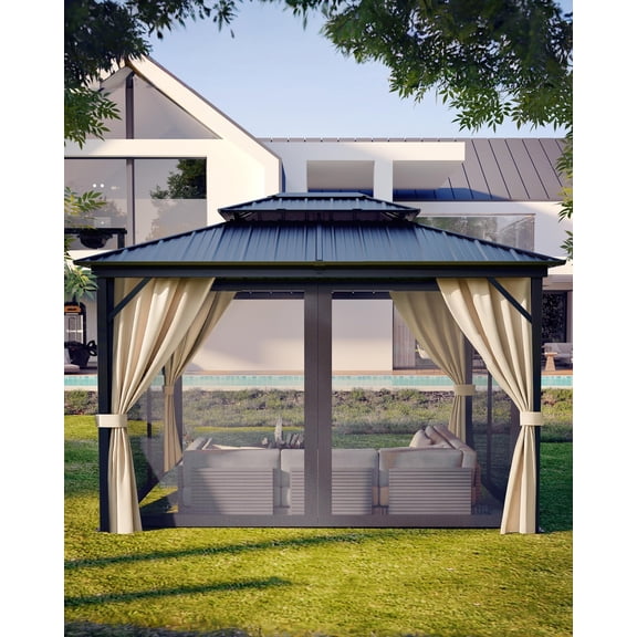 12x14 Hardtop Gazebo, Aluminum Frame with Galvanized Steel Double Roof, Includes Mosquito Net & Privacy Curtain for Patio Porch Garden Lawn Deck Backyard – Khaki