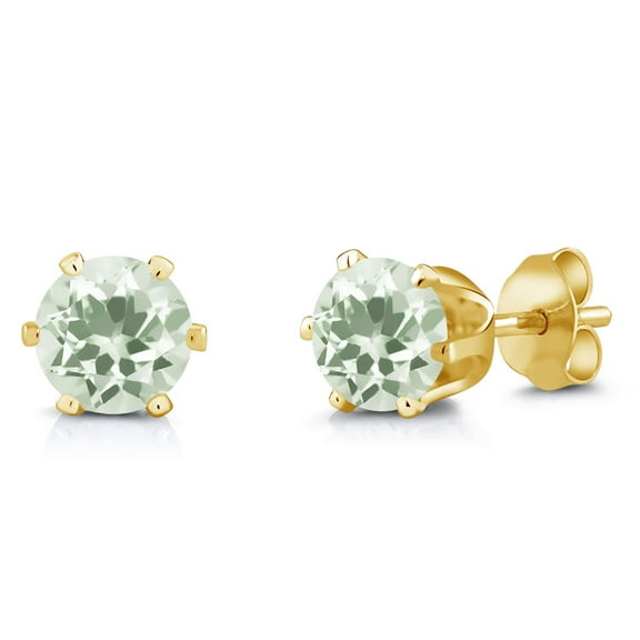 Gem Stone King Green Prasiolite Yellow Gold Plated Stud Earrings for Women Men | 1.90 Cttw | Gemstone Birthstone | Round 6MM