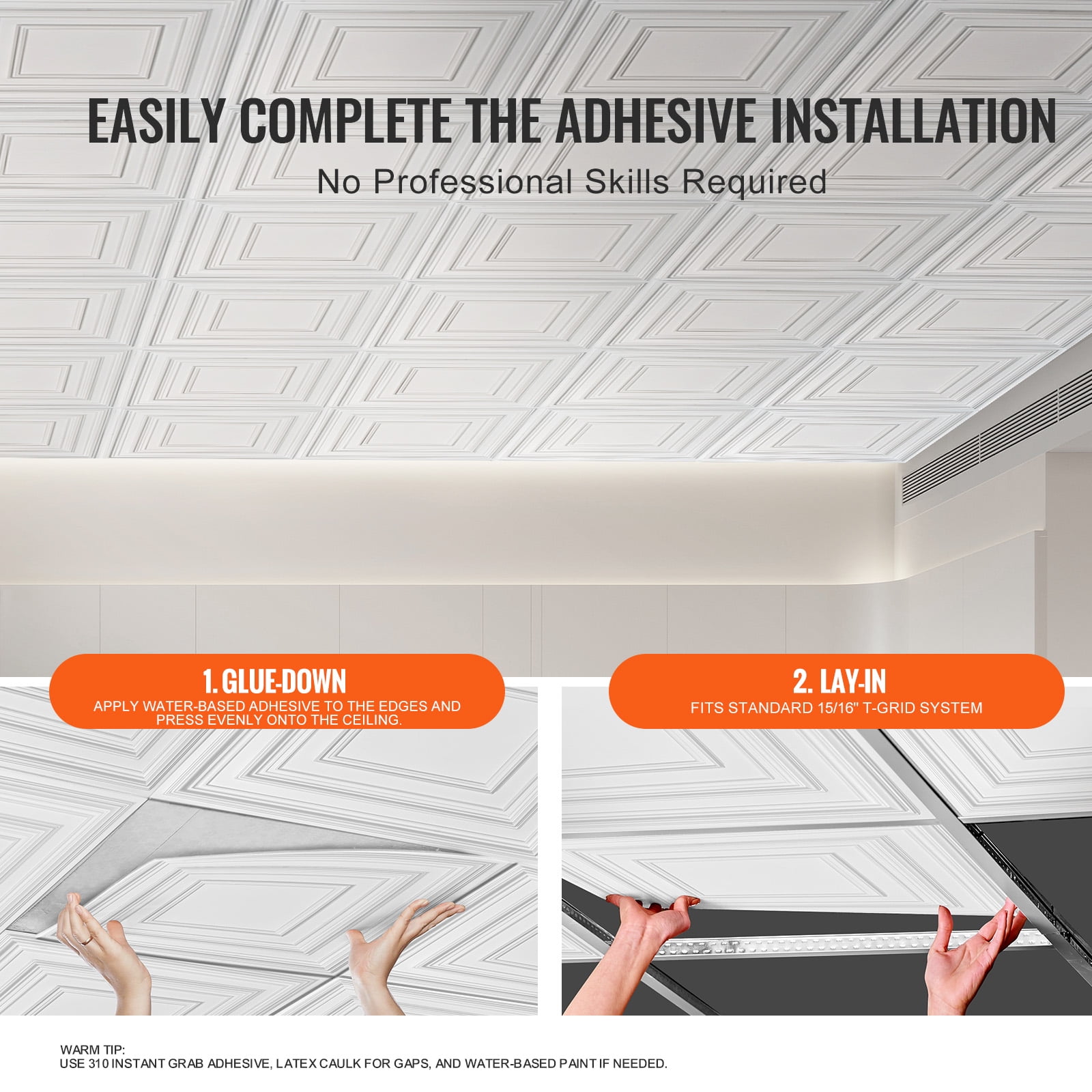 KFFKFF Drop-In Ceiling Panels, Bundle of 12, 24x24 inch, Premium PVC, Simple Setup/Cut, Adhesive Ceiling Tiles for Decor in Home or Office, White Peg Design