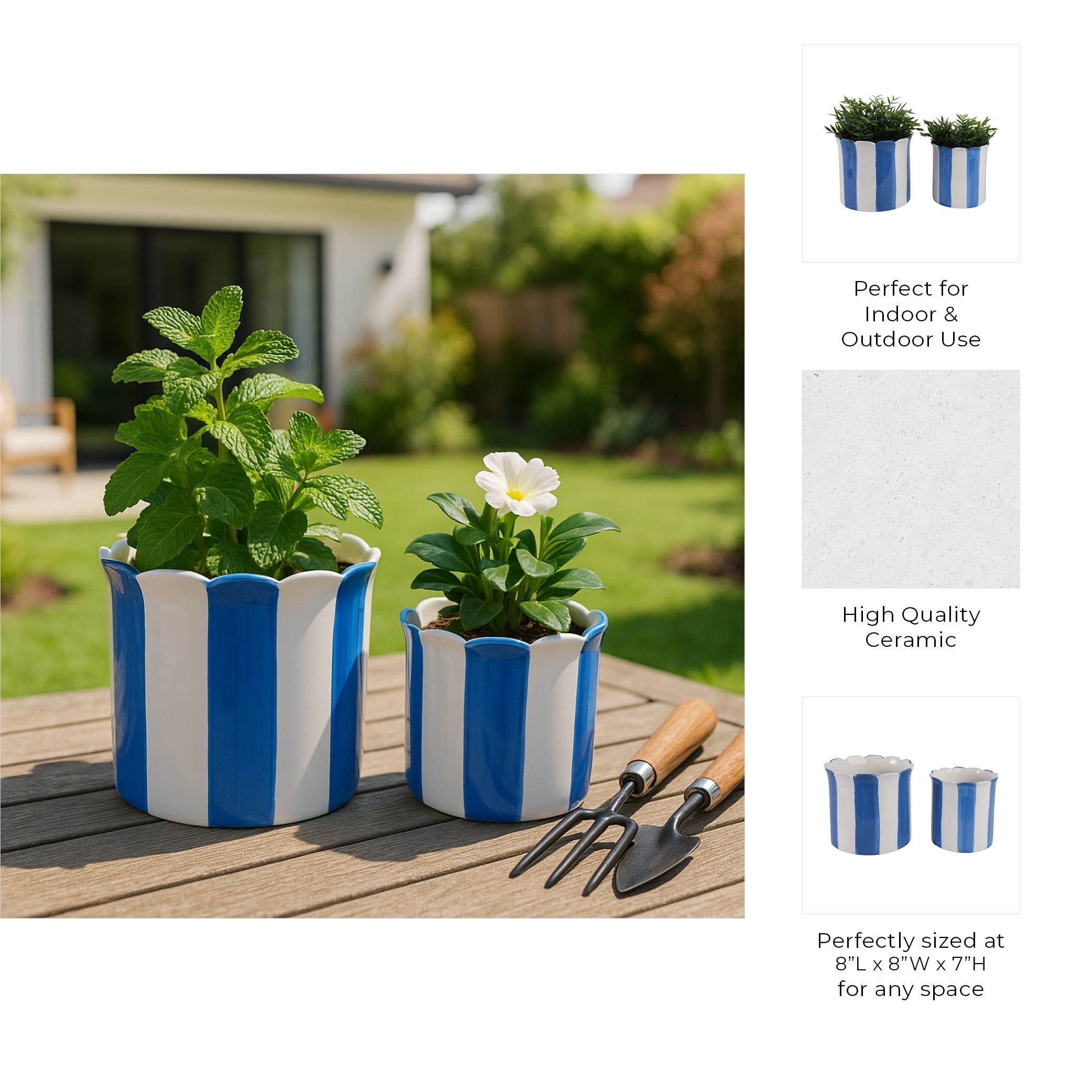 Ceramic Scalloped Striped Flower Pots for Home Decor - Decorative Planters for Indoor and Outdoor Plants - Plant Pots for Living Room and Garden Decor - Set of 2, 7", 6", Blue & White
