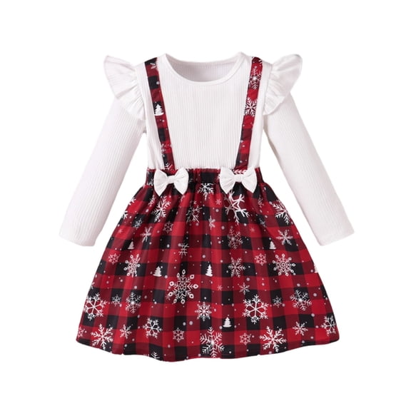 Hifoo Girls Dress Winter Holiday Party Gown With Snowflake Plaid Pattern Bow Flounce Hem Festive Occasions Casual Stylish Kids Christmas Solid Color O-Neck Dresses