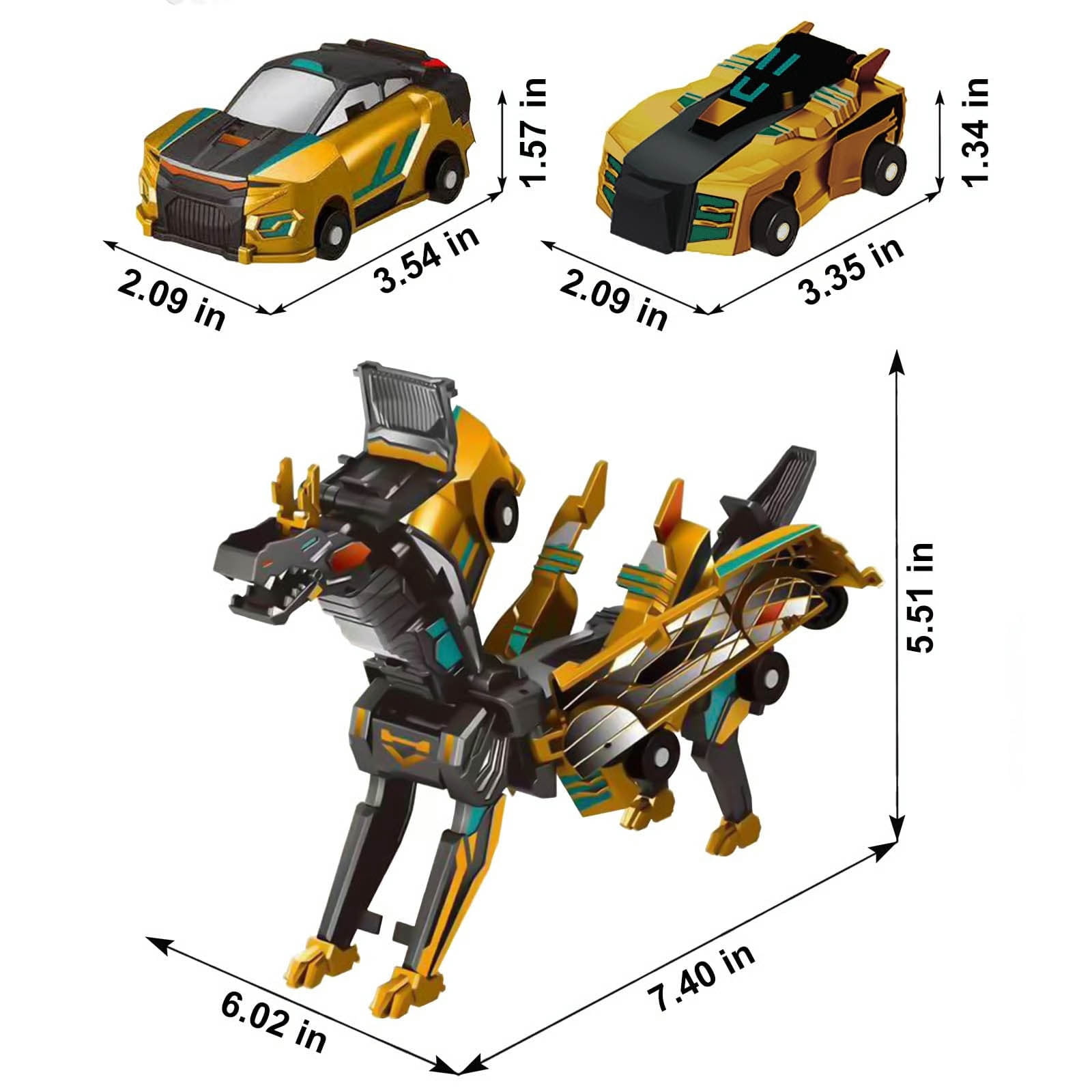 2in1 Transforming Dinosaur Toys，Transformation 2 Pack Car Toy with Collision Transforming Car for Girls Age 4-6 |Party Gift for Birthday, Christmas (Golden Dragon)
