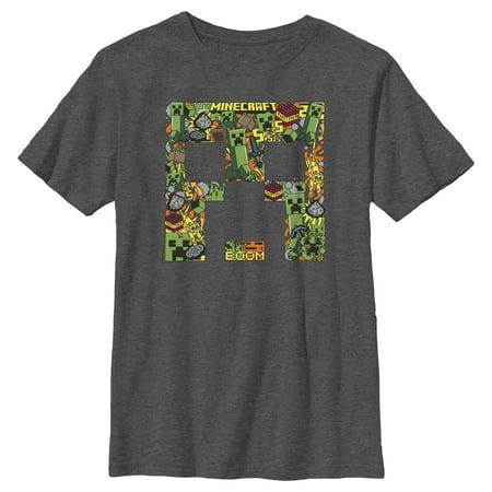 Boy s Minecraft Creeper Face Collage Graphic Tee Charcoal Heather Large
