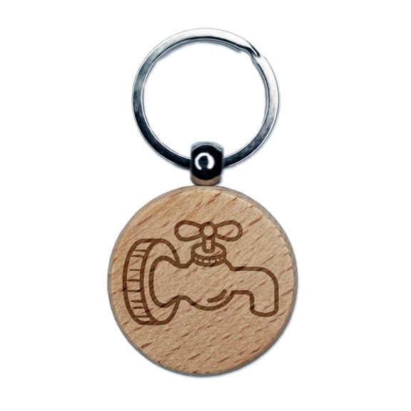 Water Faucet Round Keychain Charm Tag - Engraved Wood