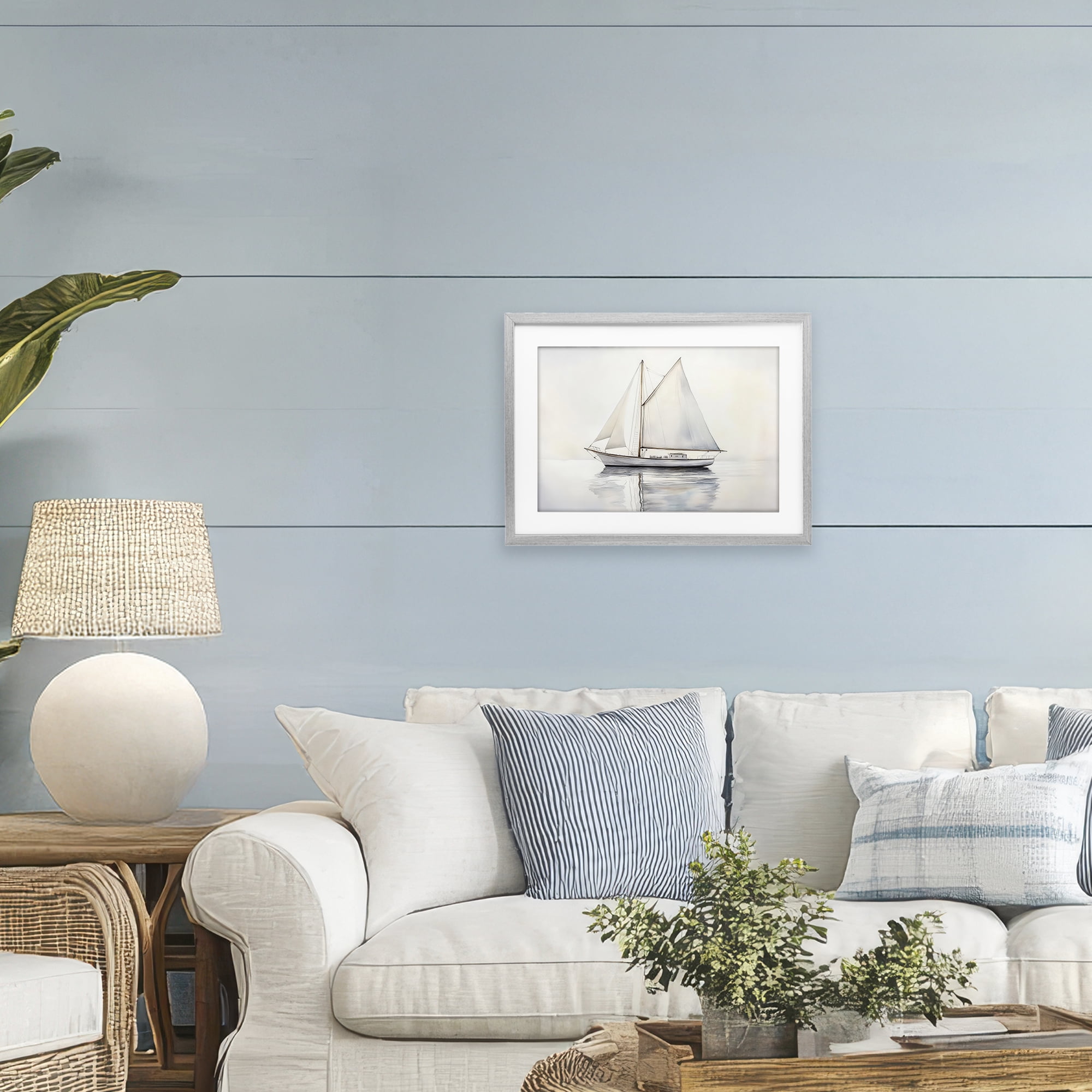 Stupell Industries Neutral Sailboat Reflection Gray Framed Print Under Glass, design by Petal Prints Design