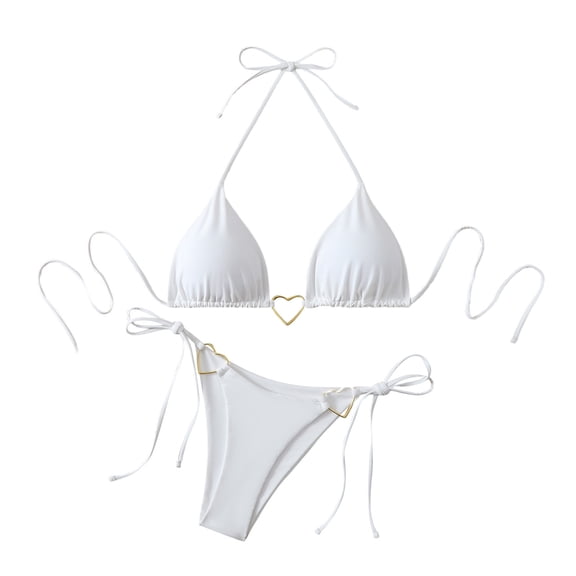 WRKEKC Bikini Sets for Women Halter Triangle Top Gold Heart Decor High Waist Drawstring Push Up with Removable Cups